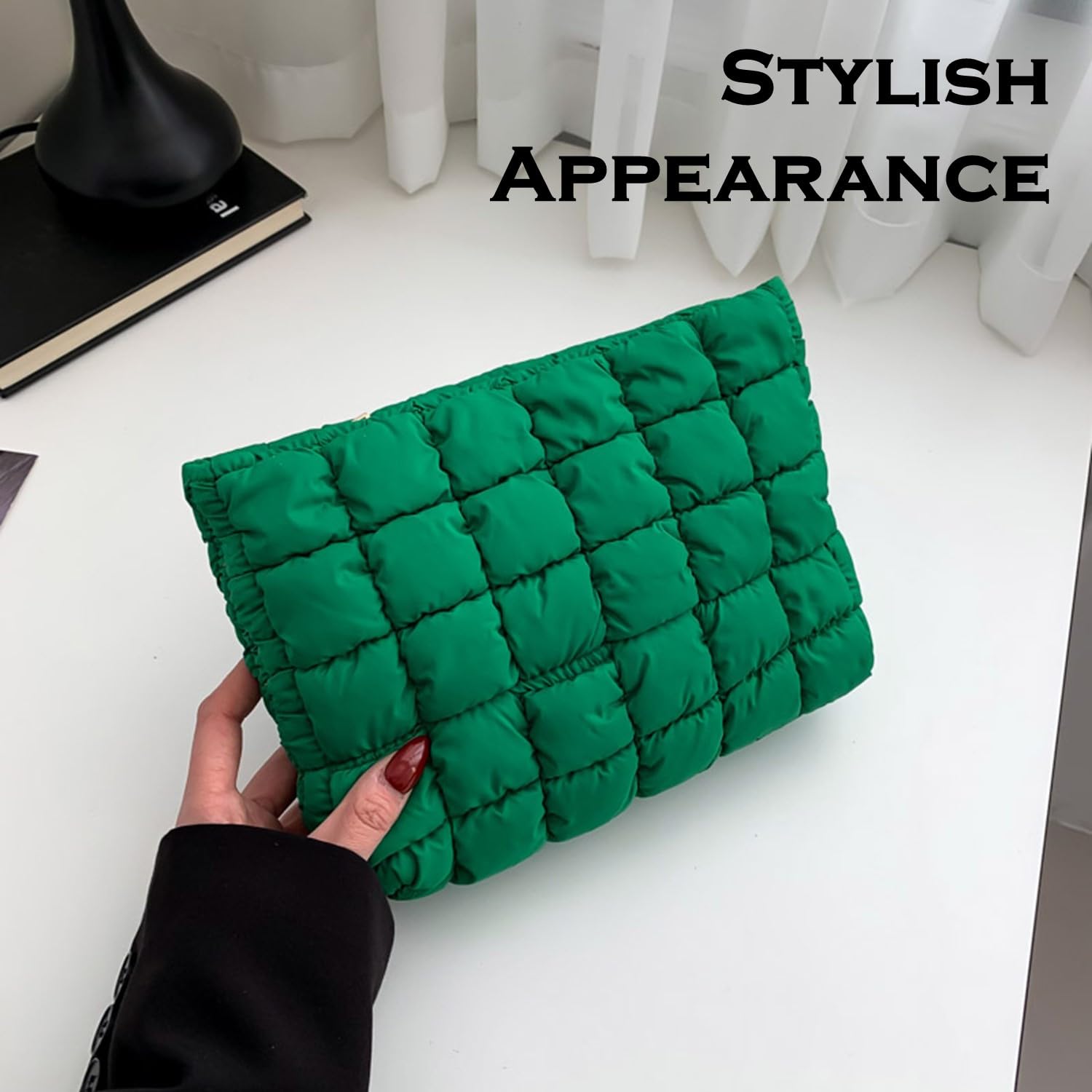 HFLZBRO Puffy makeup bag green inner pocket detail for cards and essentials.