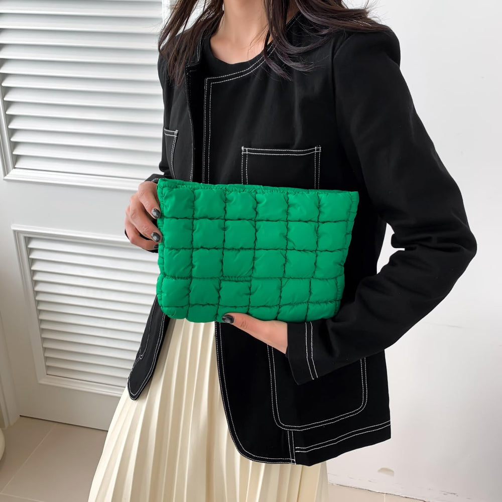 HFLZBRO Puffy makeup bag green open interior for easy access to cosmetics.