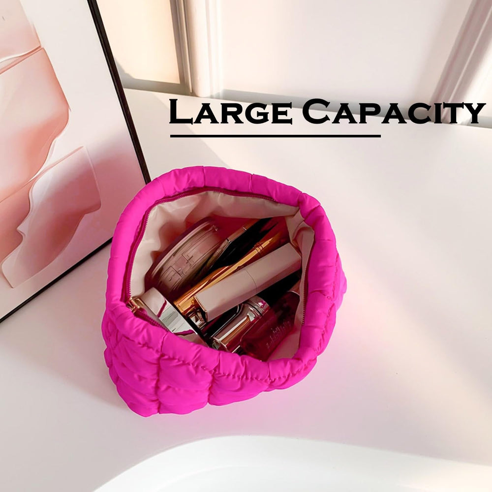 HFLZBRO Puffy quilted makeup bag rose, side view highlighting durable materials for everyday use
