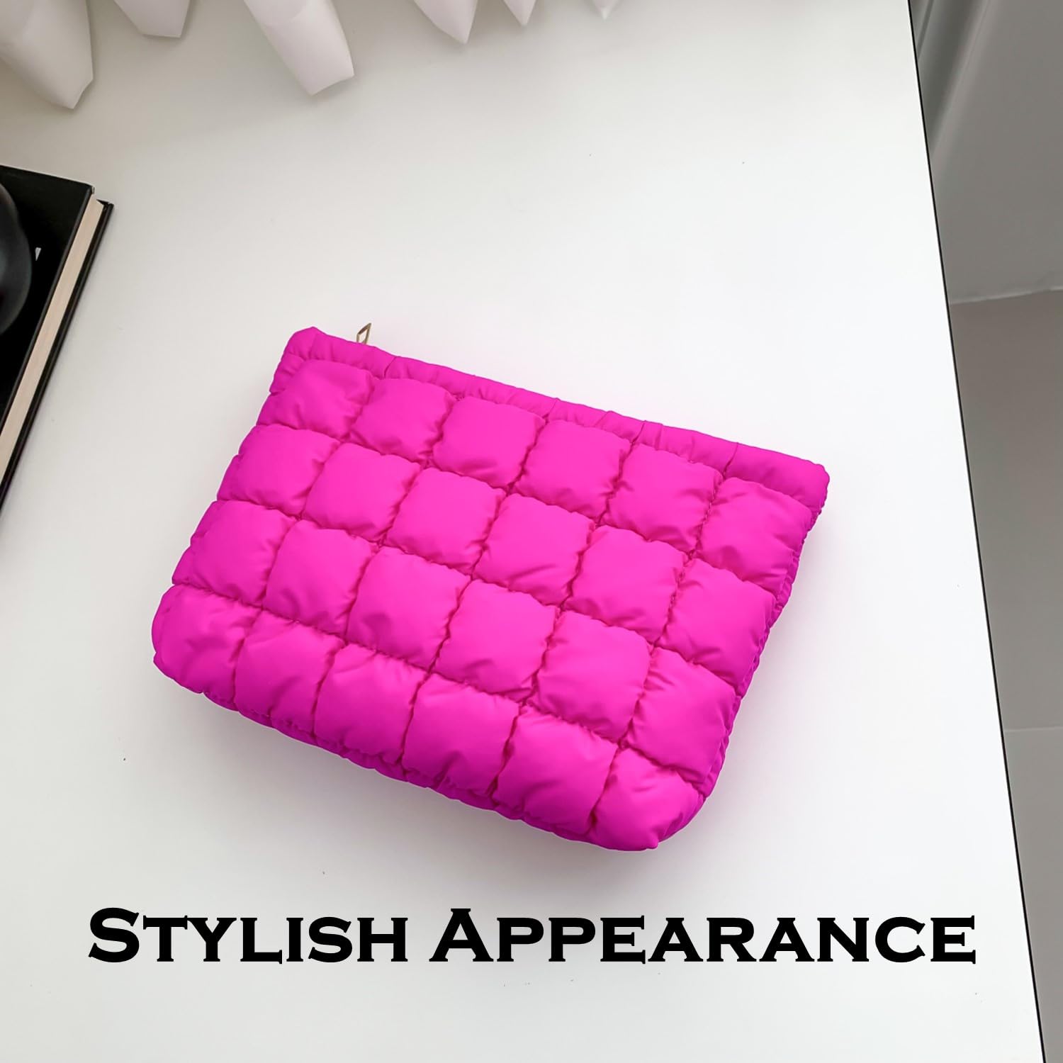 HFLZBRO Puffy quilted makeup bag rose, top-zip closure ideal for travel organization