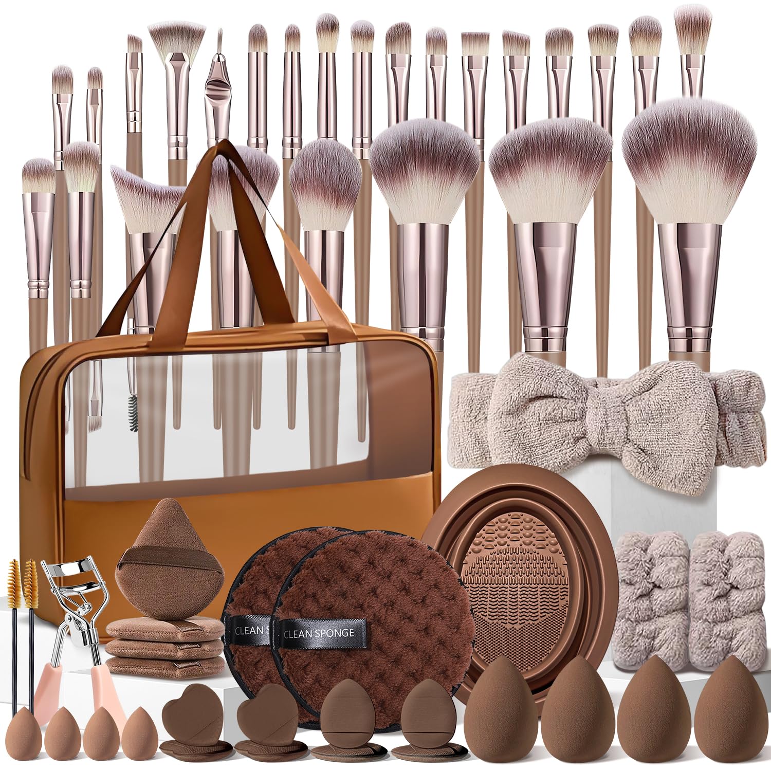 HGHDBT 55pcs brown makeup brushes set in case for organized beauty routines.