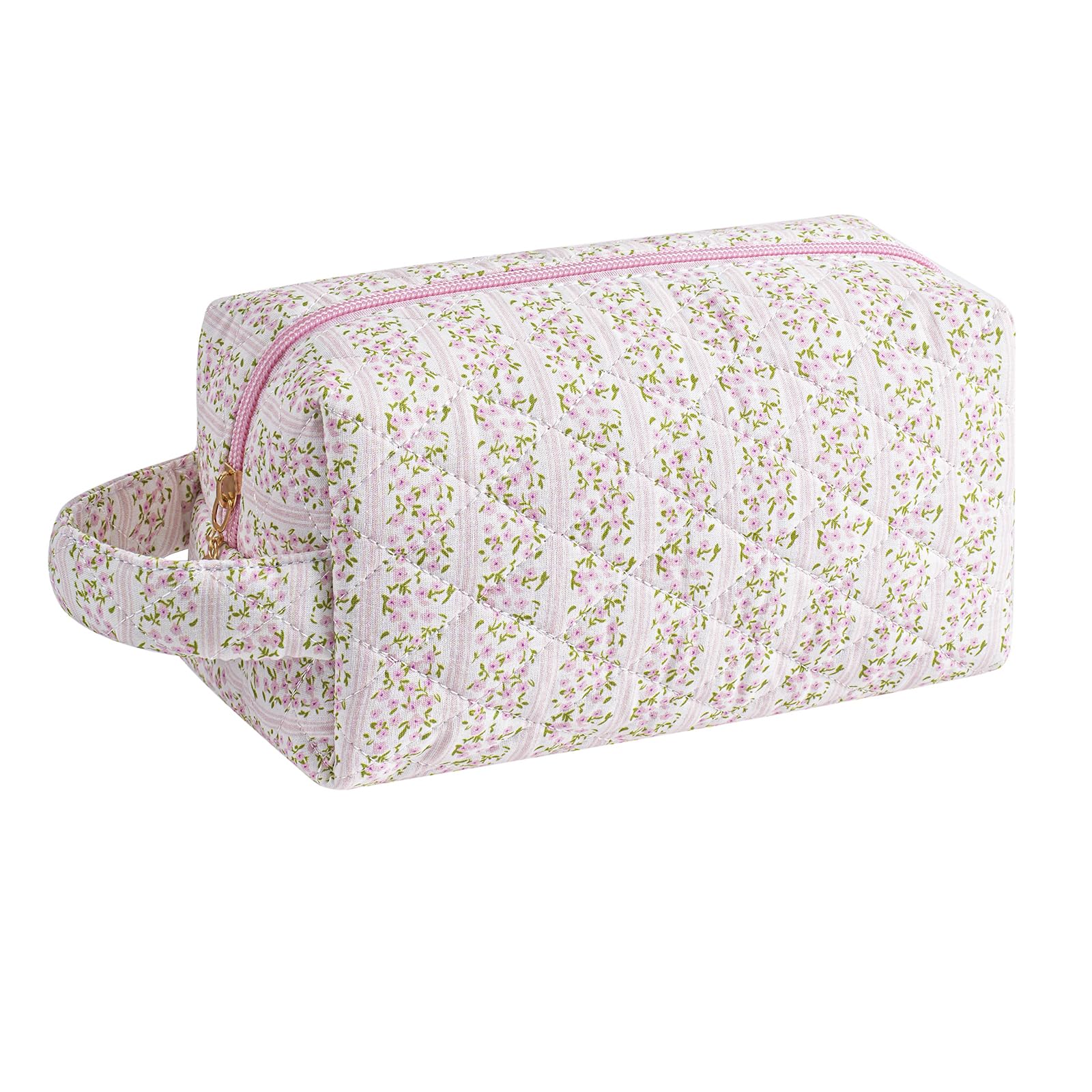 HHQQWZ makeup bag front view features pink floral pattern for stylish travel organization.