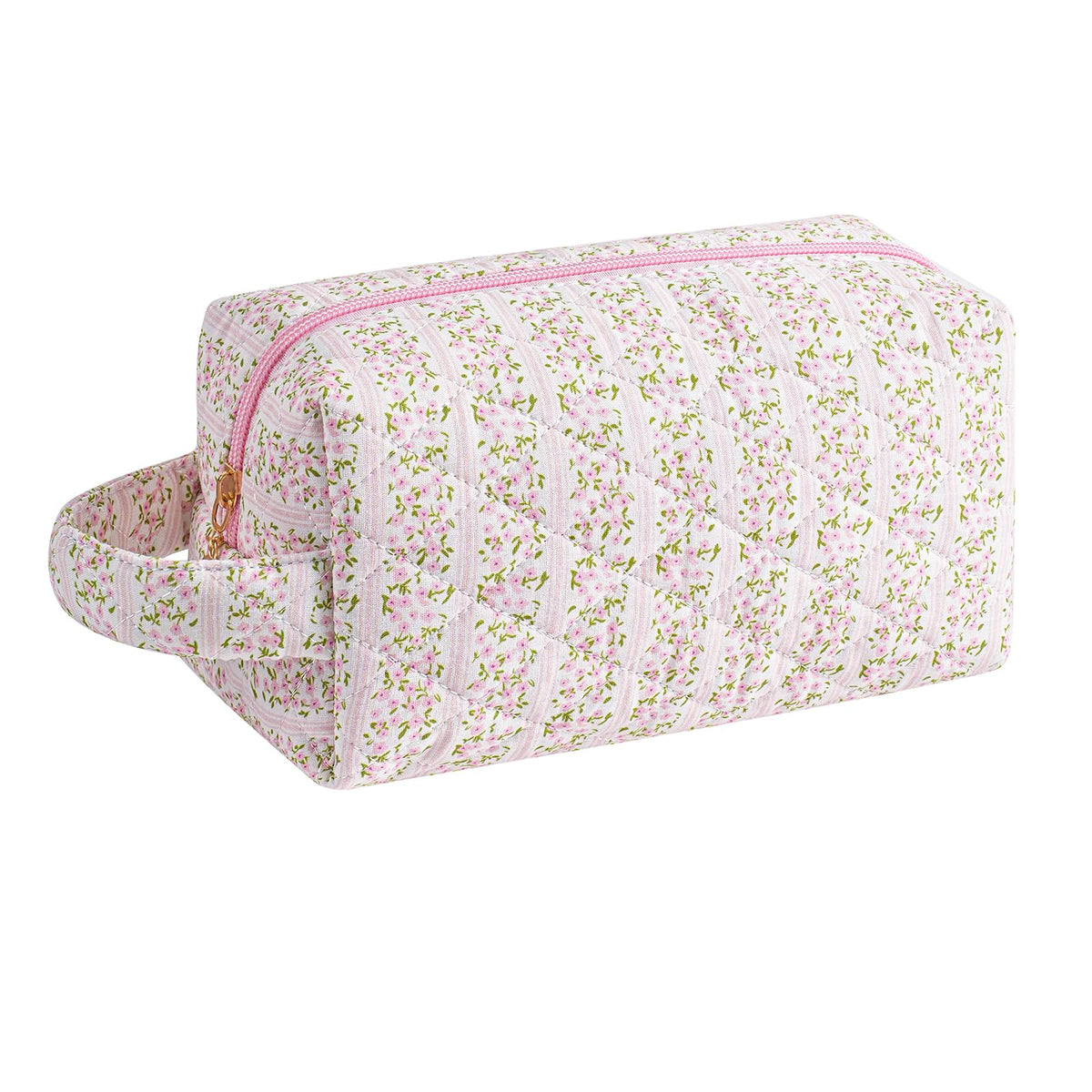 HHQQWZ makeup bag front view features pink floral pattern for stylish travel organization.