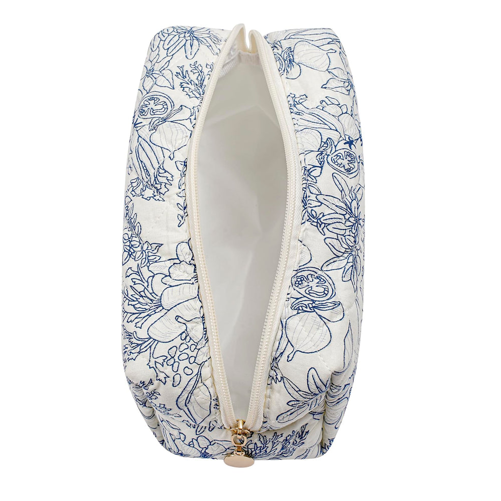 HHQQWZ makeup bag navy blue flower side view for compact packing.