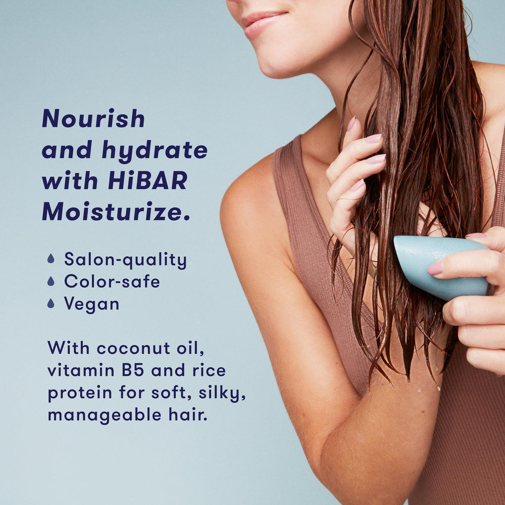 HIBAR Moisturize Conditioner Bar wet-hair scene highlights frizz control and detangling ease.