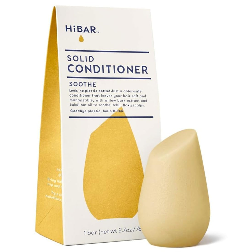 HIBAR Soothe Conditioner Bar packaging highlights plastic-free design for sustainable personal care.