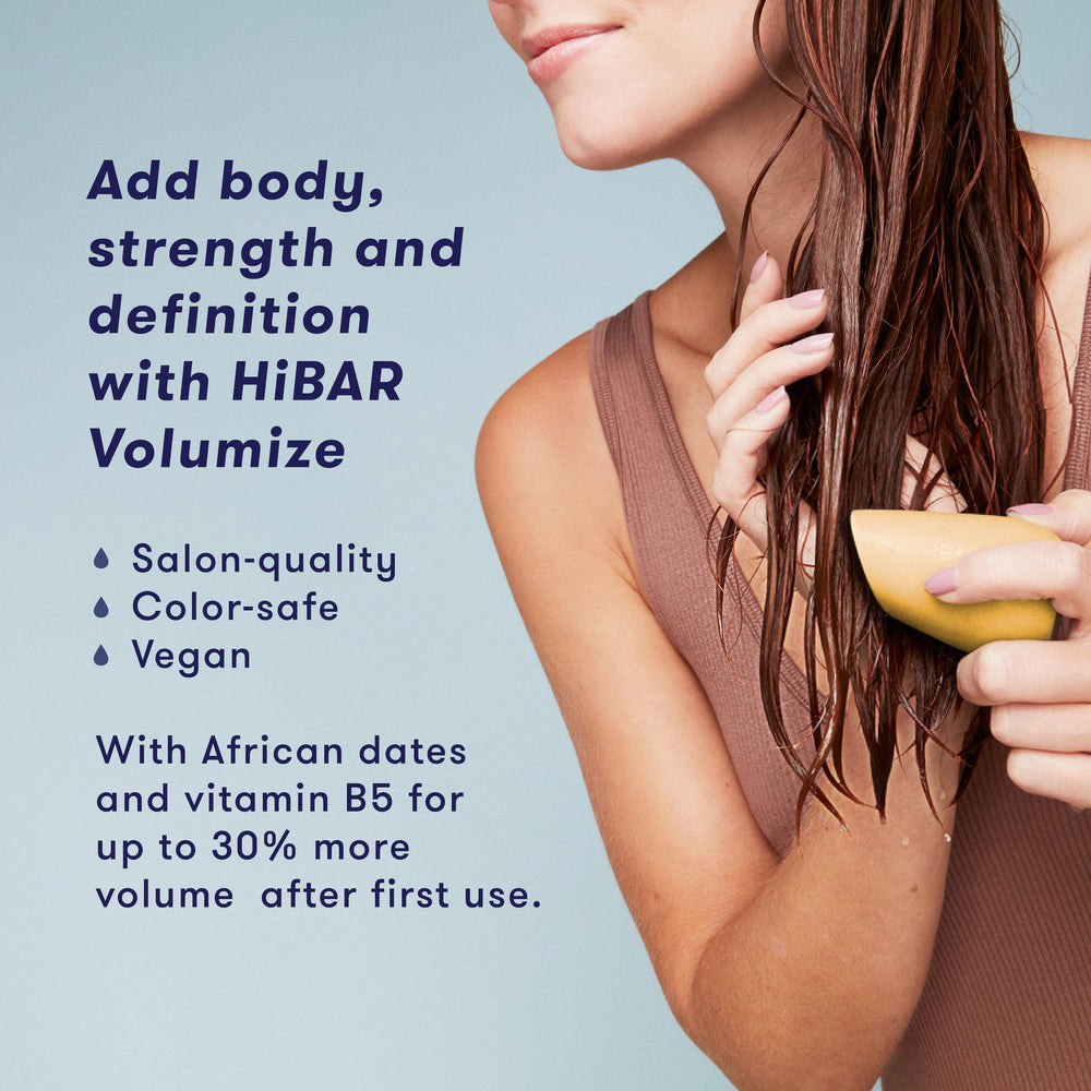 HiBAR Volumize conditioner bar hands-application demonstrates convenient root-to-tip lift for fine hair.
