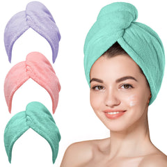 Hicober Microfiber Hair Towel 3-Pack main image shows quick-dry, absorbent wrap for wet hair.