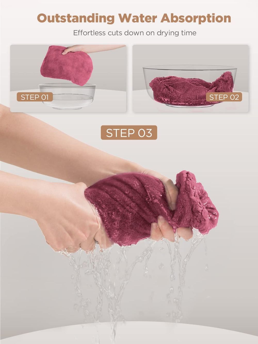 Hicober Microfiber Hair Towel Absorbent Fiber highlights effective moisture capture during towel-dry sessions.