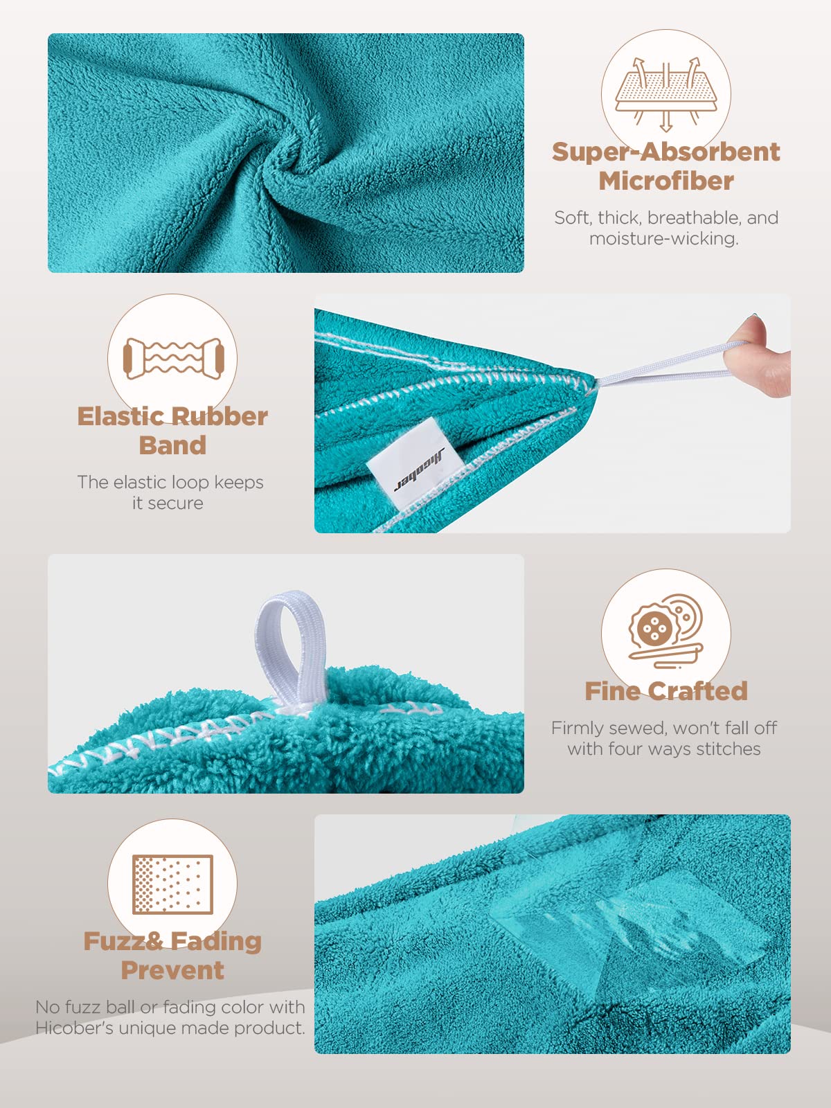 Hicober Microfiber Hair Towel Aqua Green Wrap emphasizes lightweight softness for all hair types.