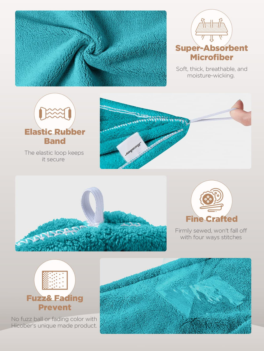 Hicober Microfiber Hair Towel Aqua Green Wrap emphasizes lightweight softness for all hair types.