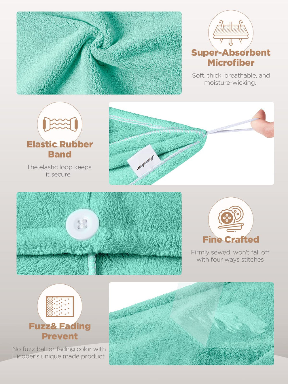 Hicober Microfiber Hair Towel Wrap Soft-Lightweight image emphasizes gentle comfort.