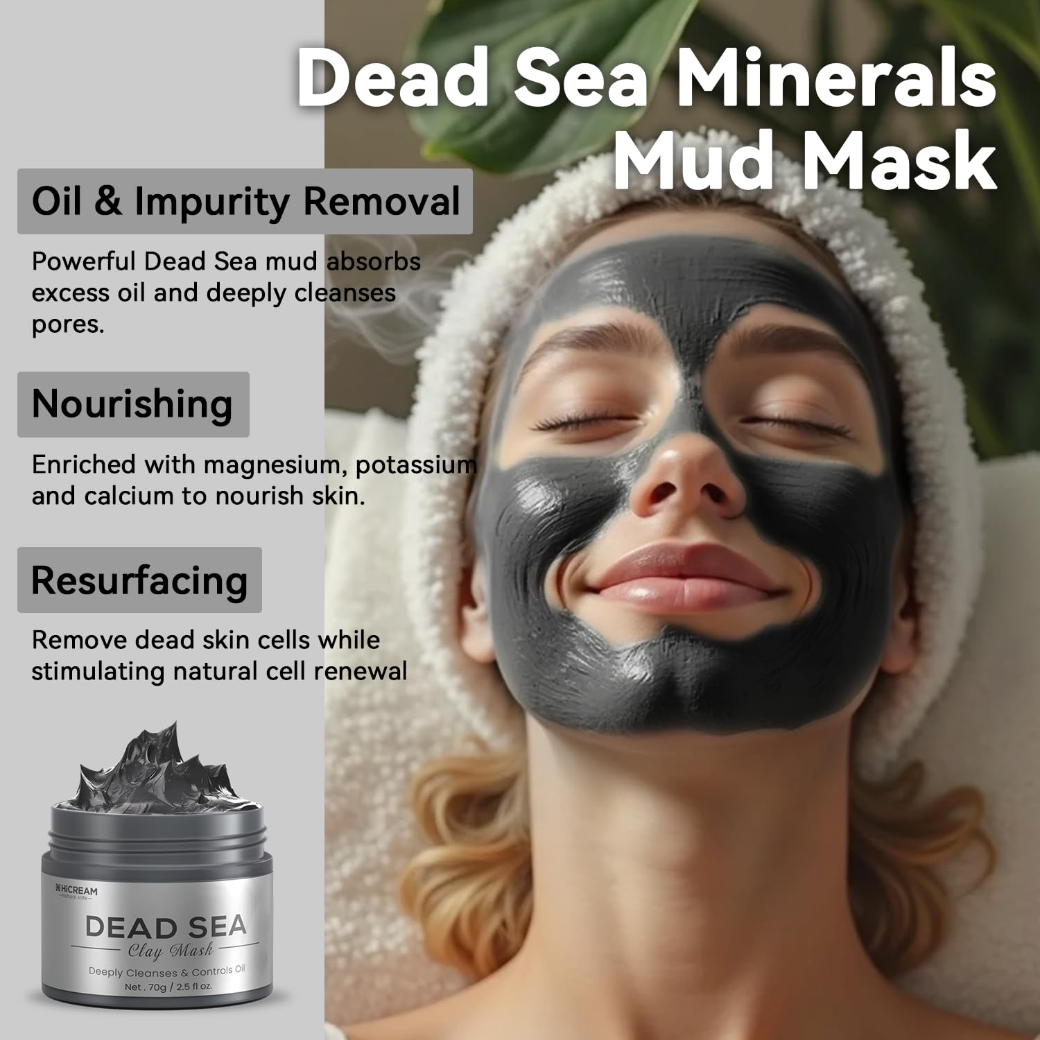 Hicream Dead Sea mud mask jar emphasizing mineral richness and oil control