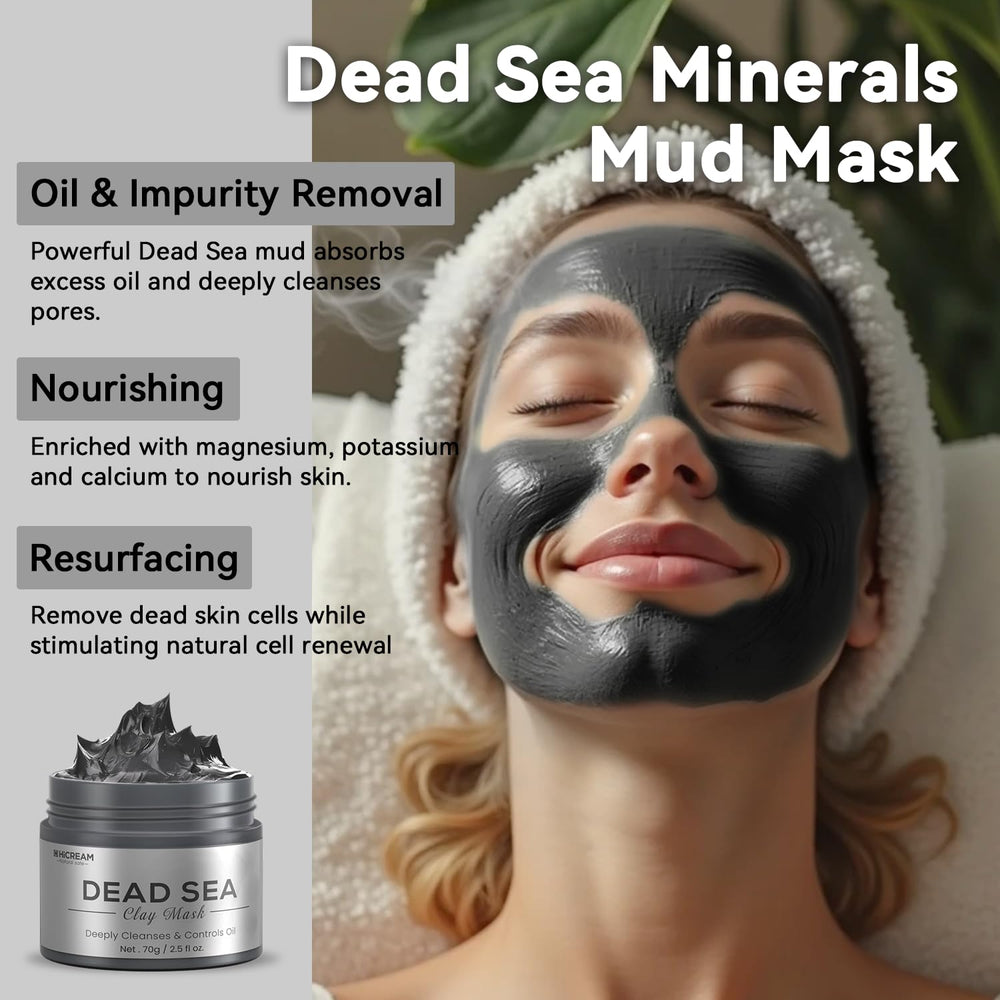 Hicream Dead Sea mud mask jar emphasizing mineral richness and oil control