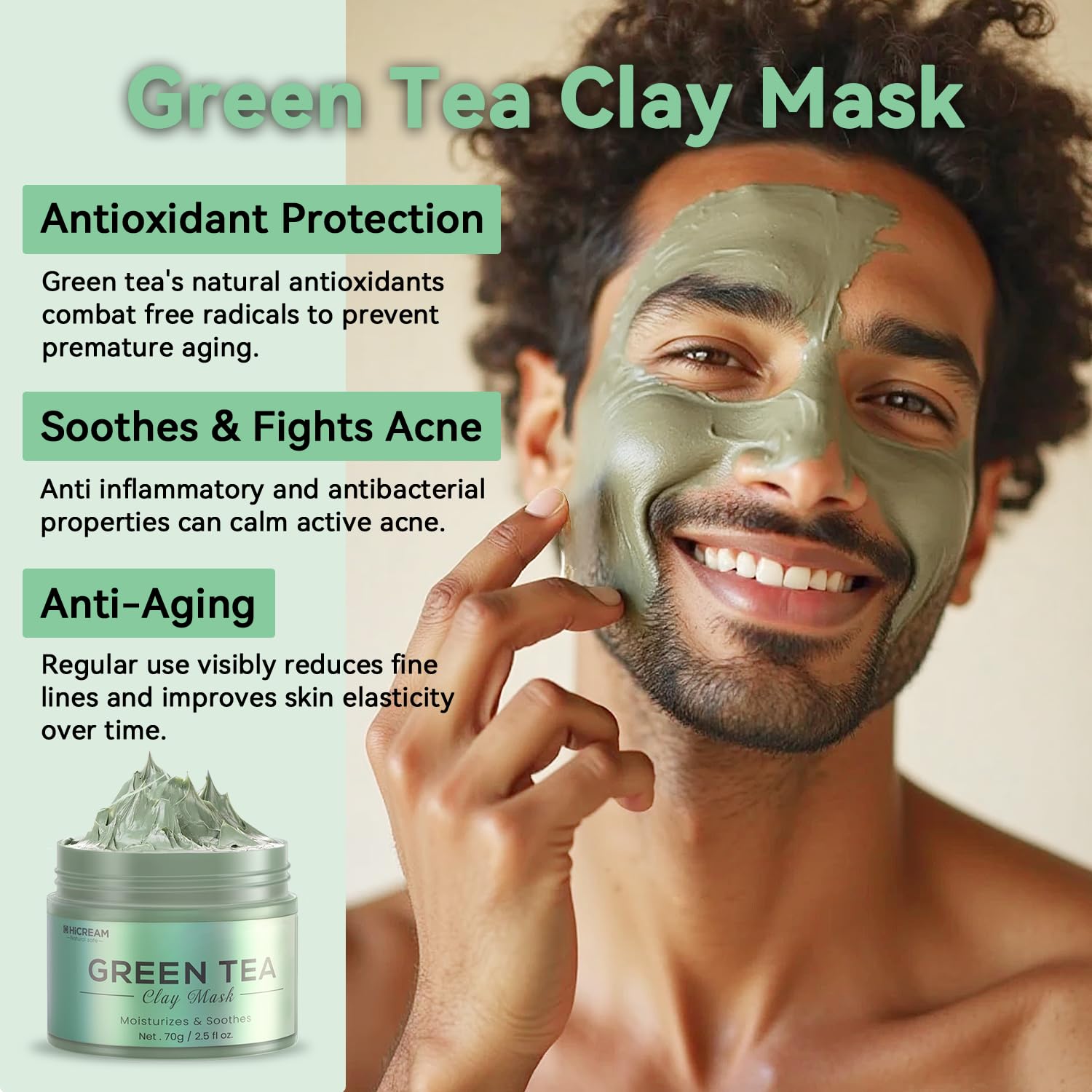 Hicream green tea clay application shot showing soothing, anti-aging support