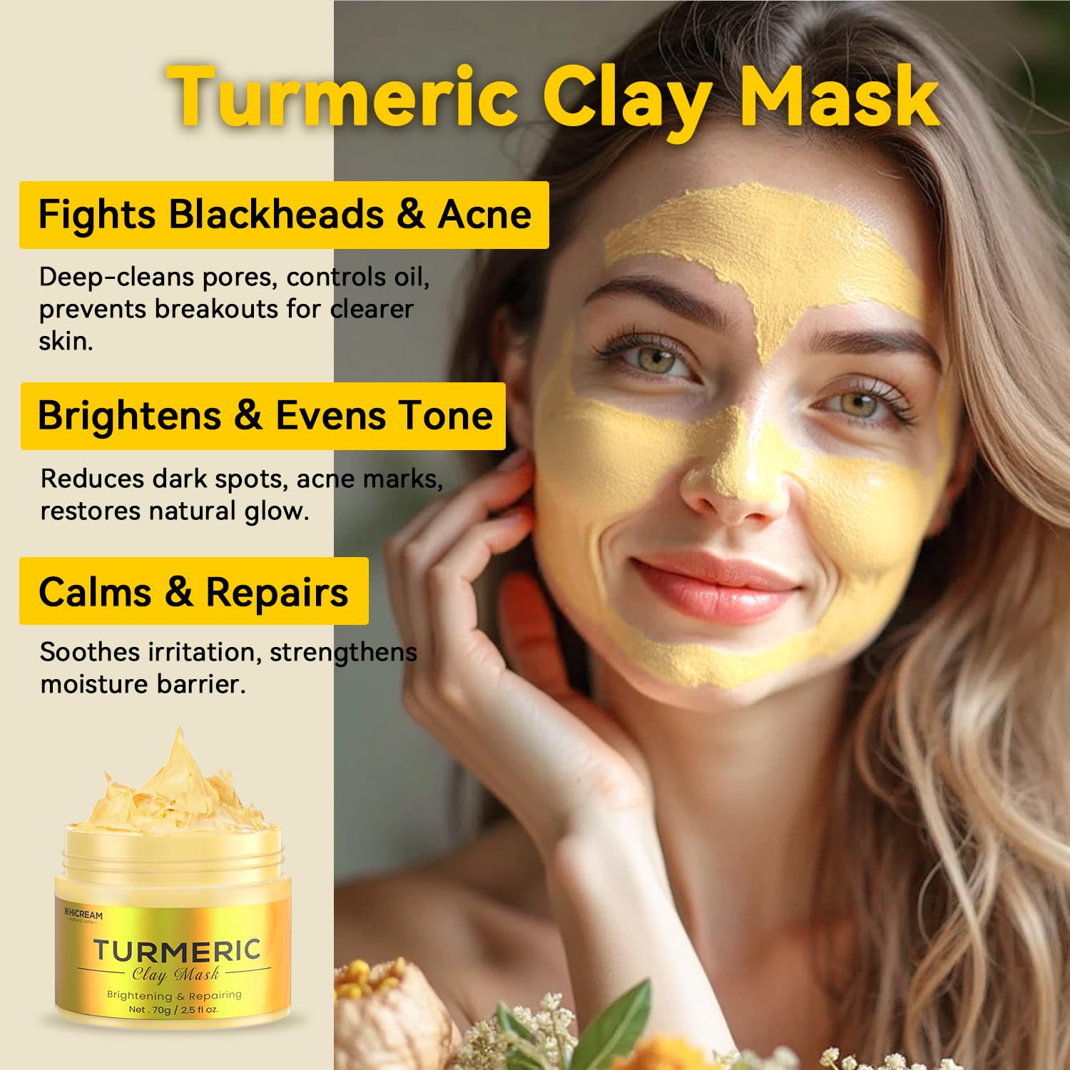 Hicream green tea clay mask jar highlighting antioxidant benefits and detoxifying care