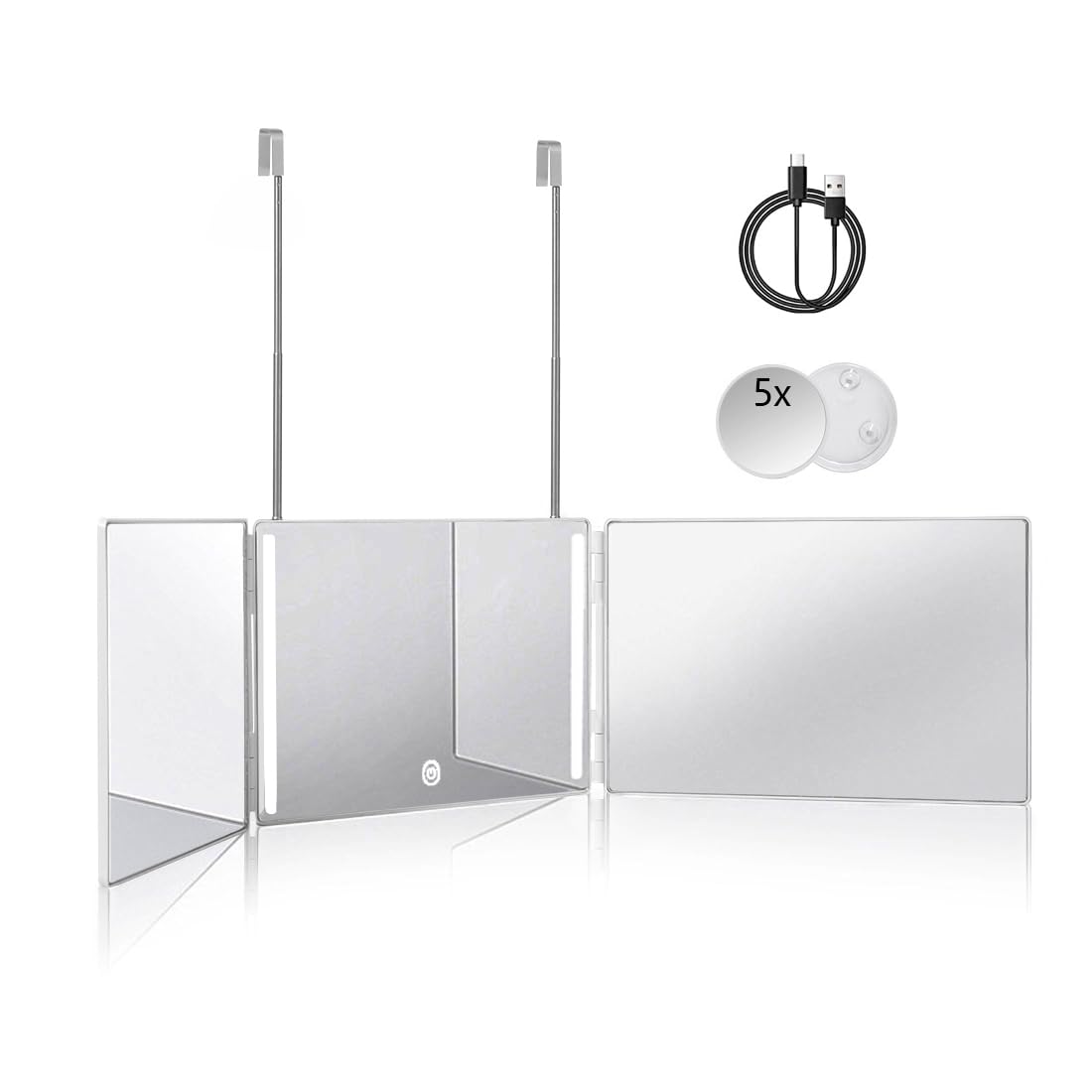 HIEEY 3-way 360 mirror with LED lights for precise makeup application.