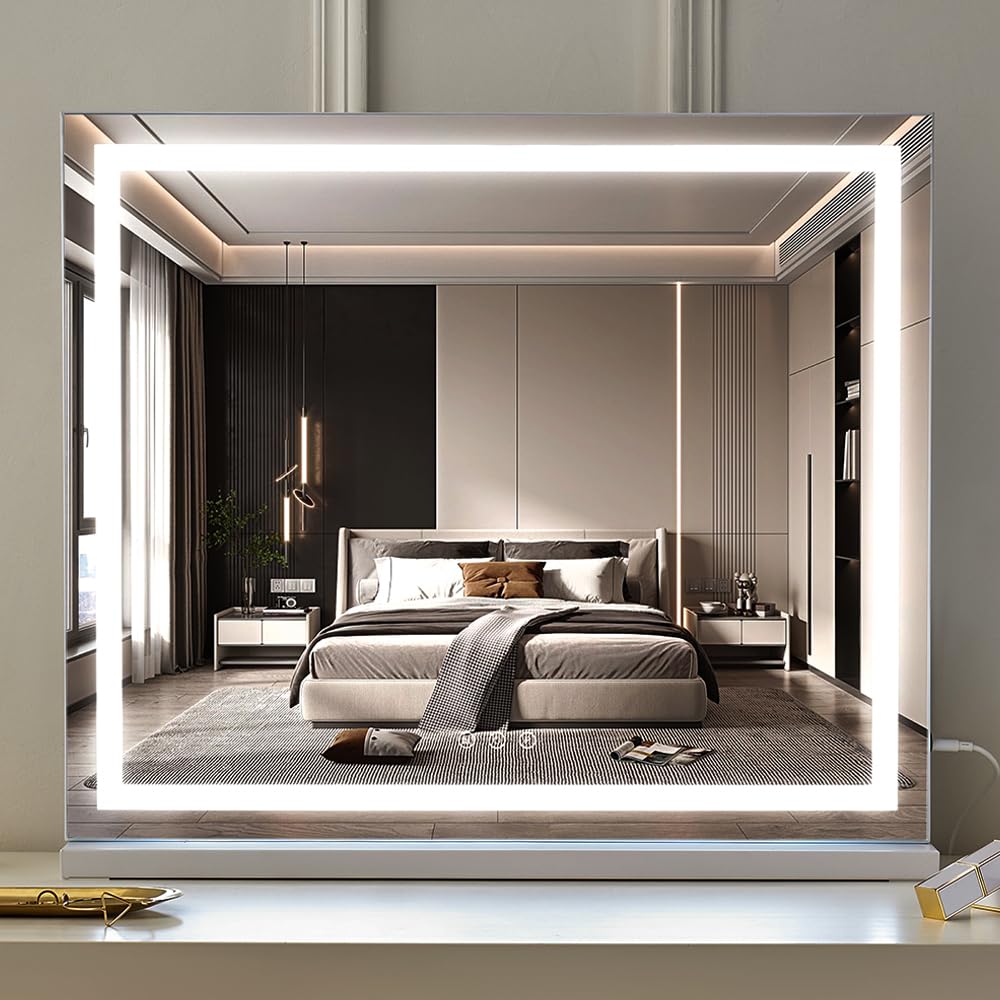 HIEEY mirror showing three color lighting modes for day to night makeup