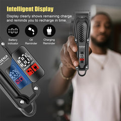 HIENA PRO cordless hair trimmer with attachments enables detailed beard work.
