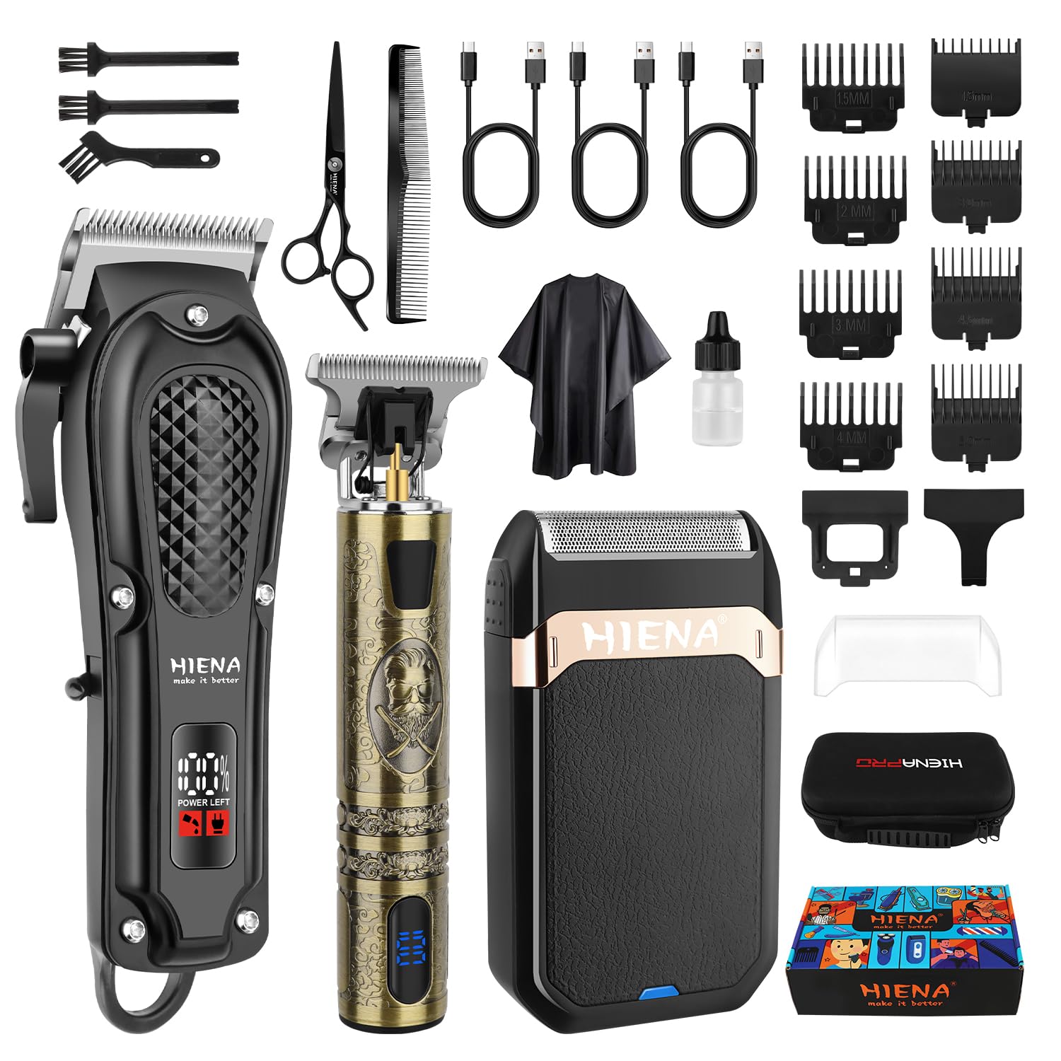 HIENA PRO professional hair clippers front view with ergonomic grip for comfortable styling.
