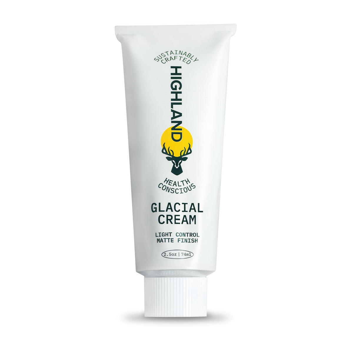 Highland Glacial Cream bottle closeup showing frizz control and versatility