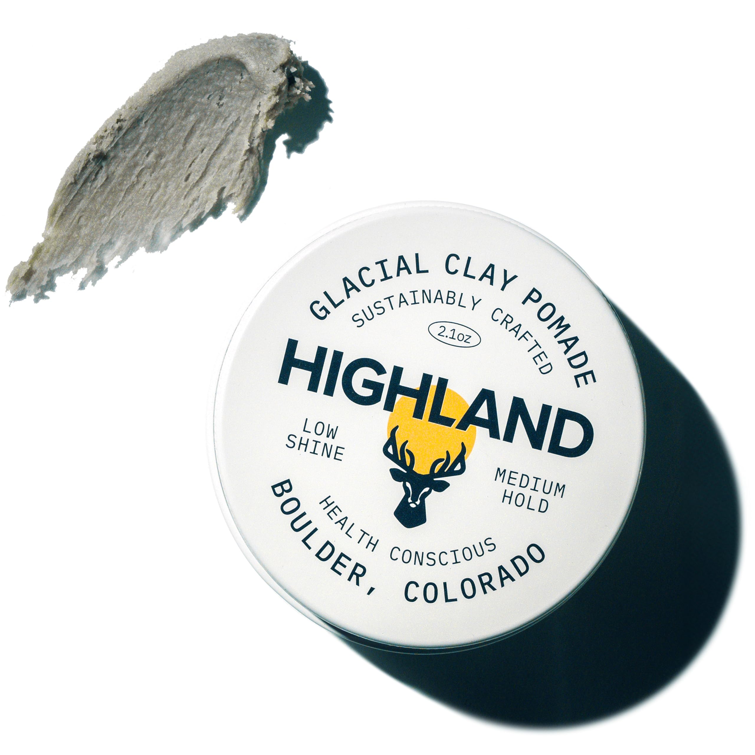 Highland Glacial Hair Clay Pomade bottle shows premium natural formula for everyday styling