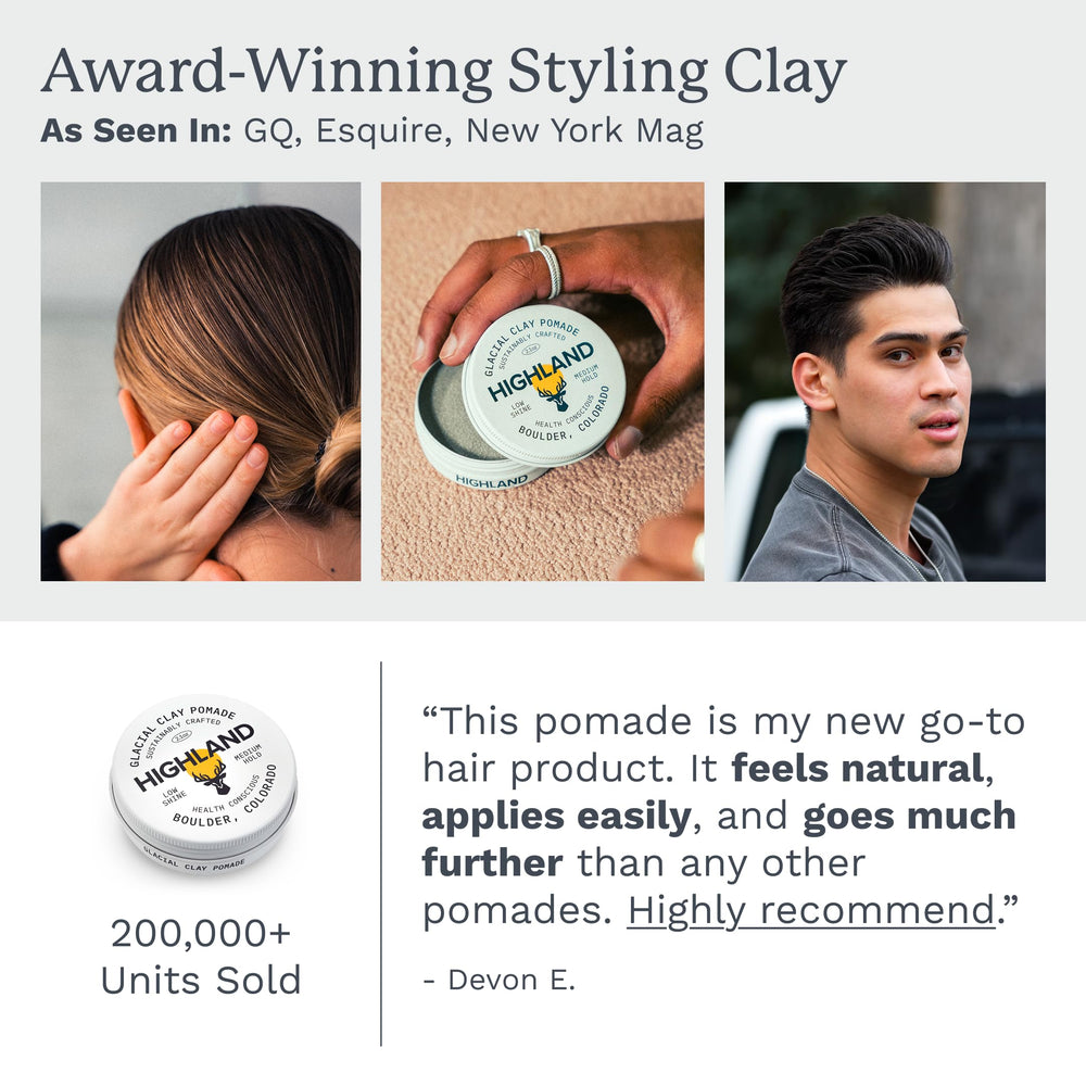 Hair with Highland Glacial Clay Pomade demonstrating medium hold and low shine
