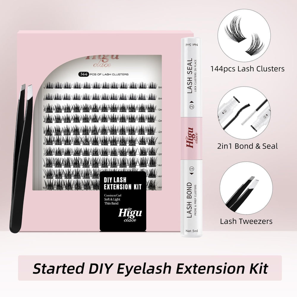 Higu clace Lash Clusters Kit contents reveal 144 clusters, bond, seal, and applicator for easy at-home styling.