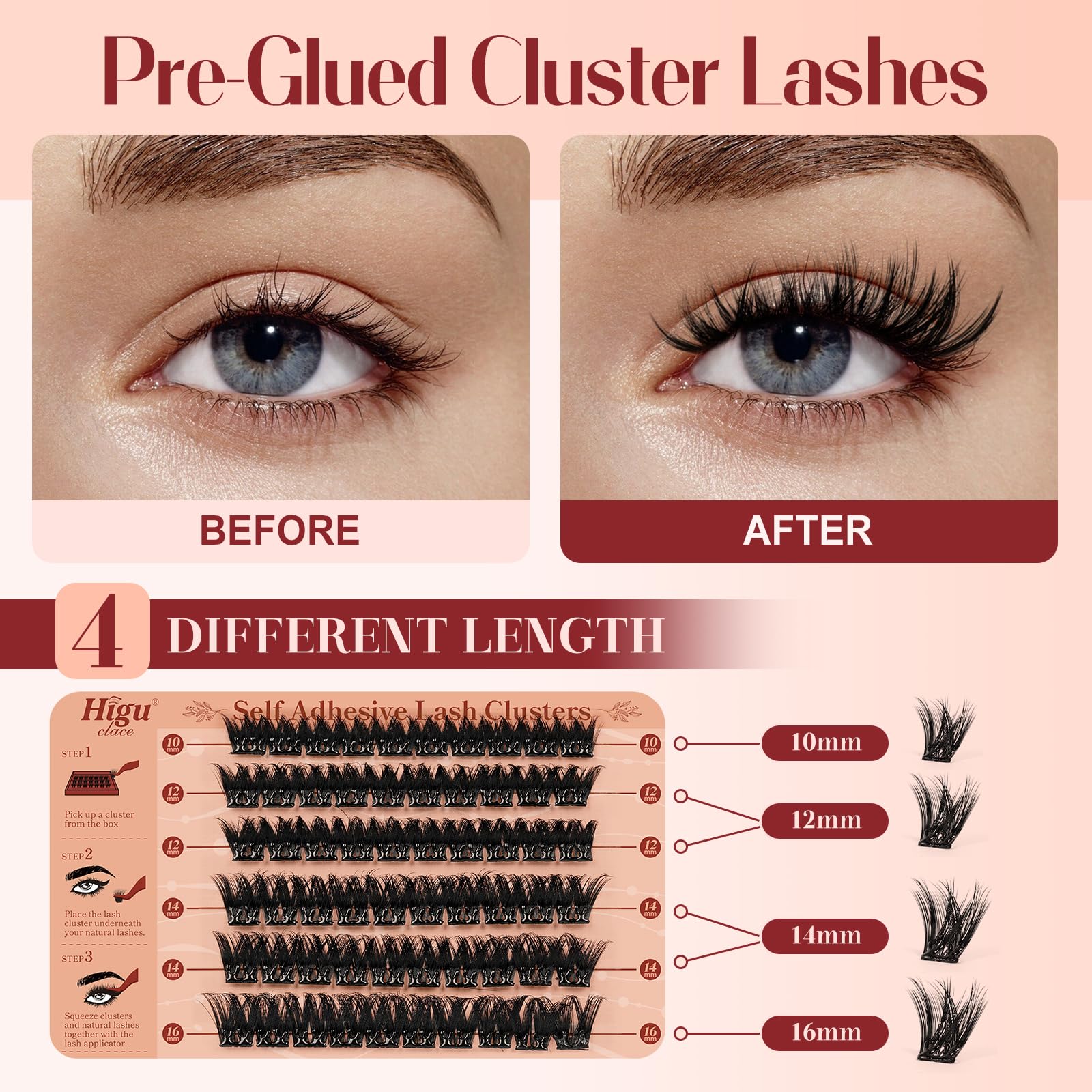 Higu Clace preglued lashes with root adhesive for fast, glue-free application.