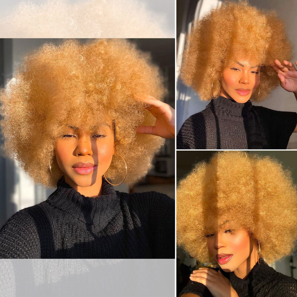 HIHOO afro wig bangs close-up shows soft synthetic fibers for natural look.