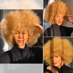 HIHOO afro wig bangs close-up shows soft synthetic fibers for natural look.