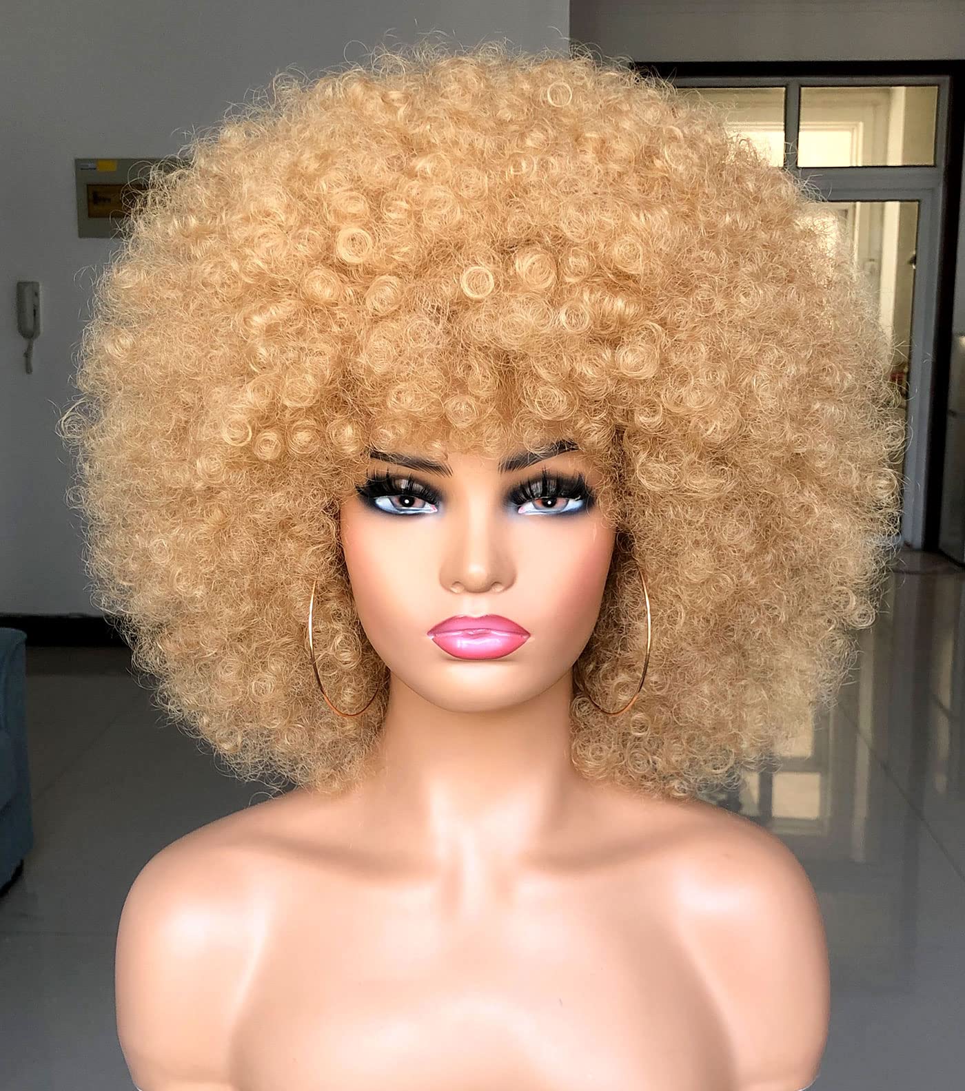 HIHOO short afro wig with bangs in blonde offers versatile daily wear.