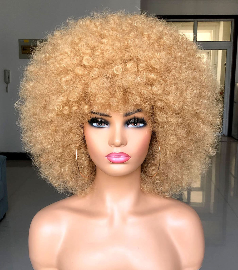 HIHOO short afro wig with bangs in blonde offers versatile daily wear.