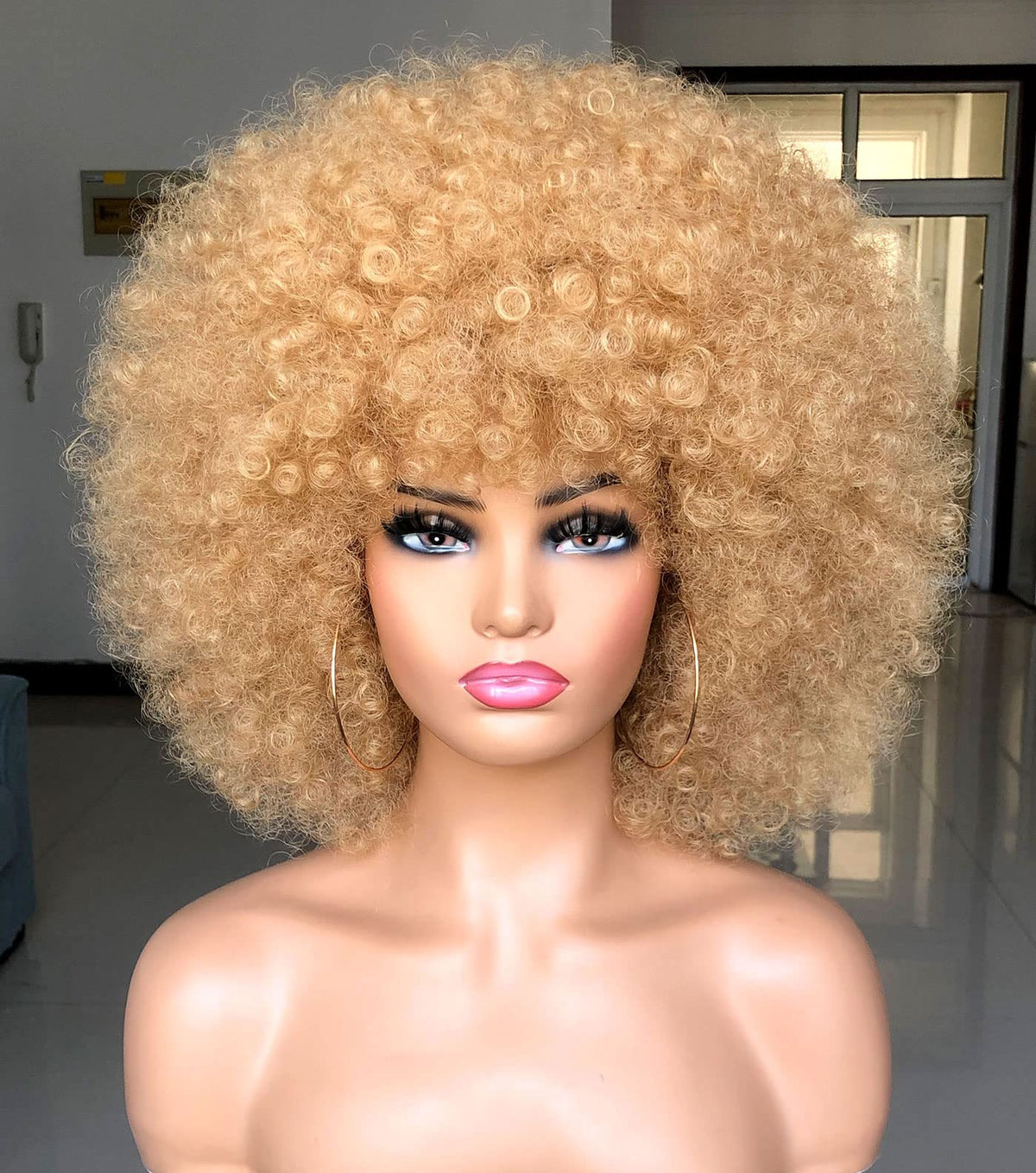 HIHOO short afro wig with bangs in blonde offers versatile daily wear.