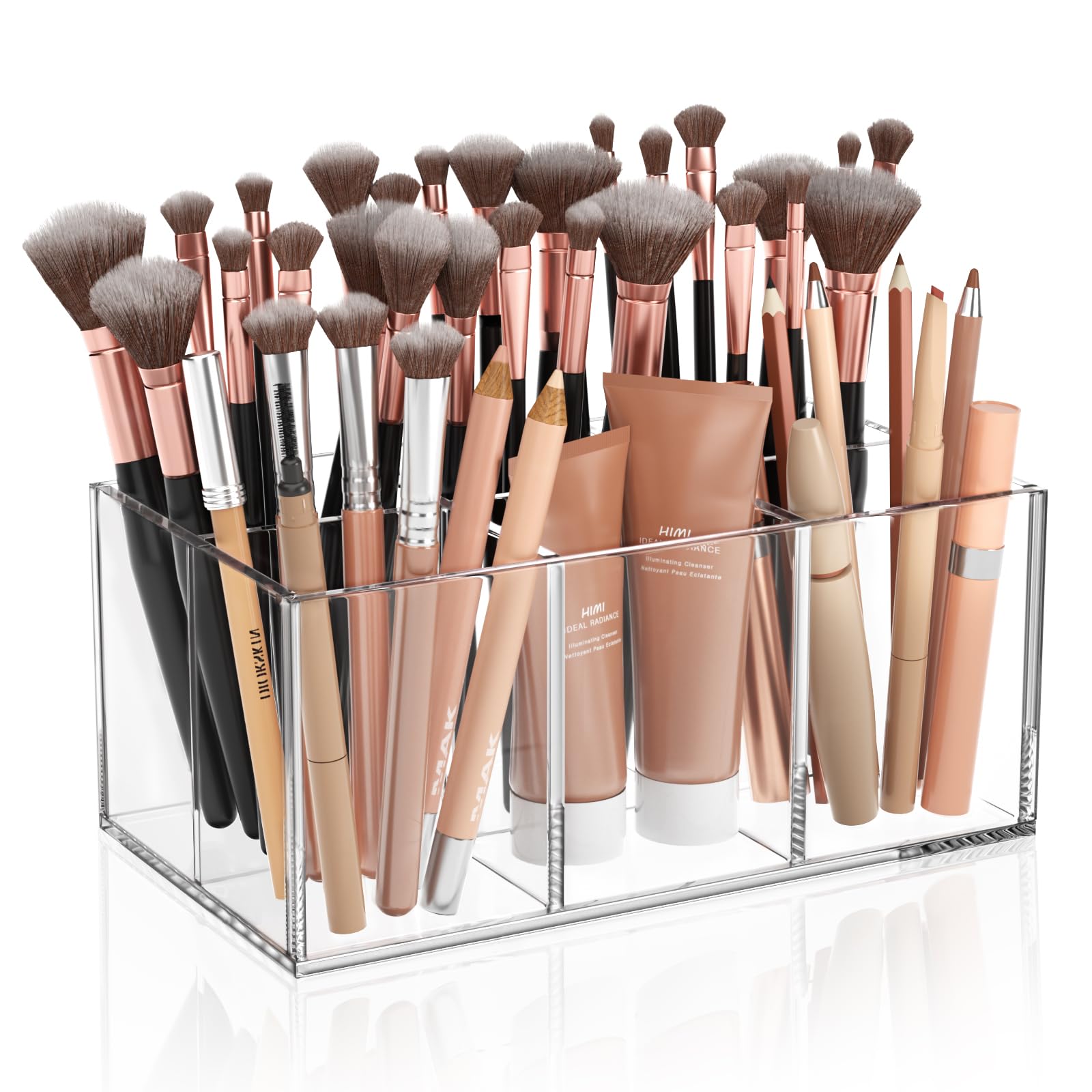 HIIMIEI clear makeup brush holder with six slots for quick brush selection