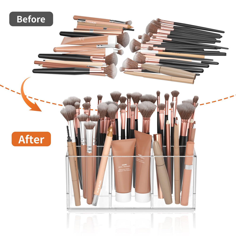 HIIMIEI see-through acrylic makeup storage organizer on countertop