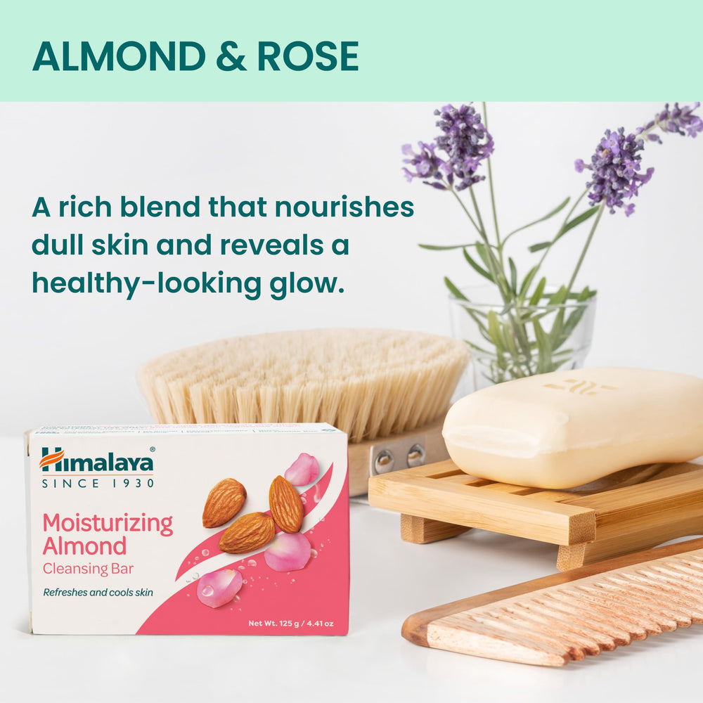 Himalaya Moisturizing Almond Cleansing Bar ingredient image highlights almond oil benefits