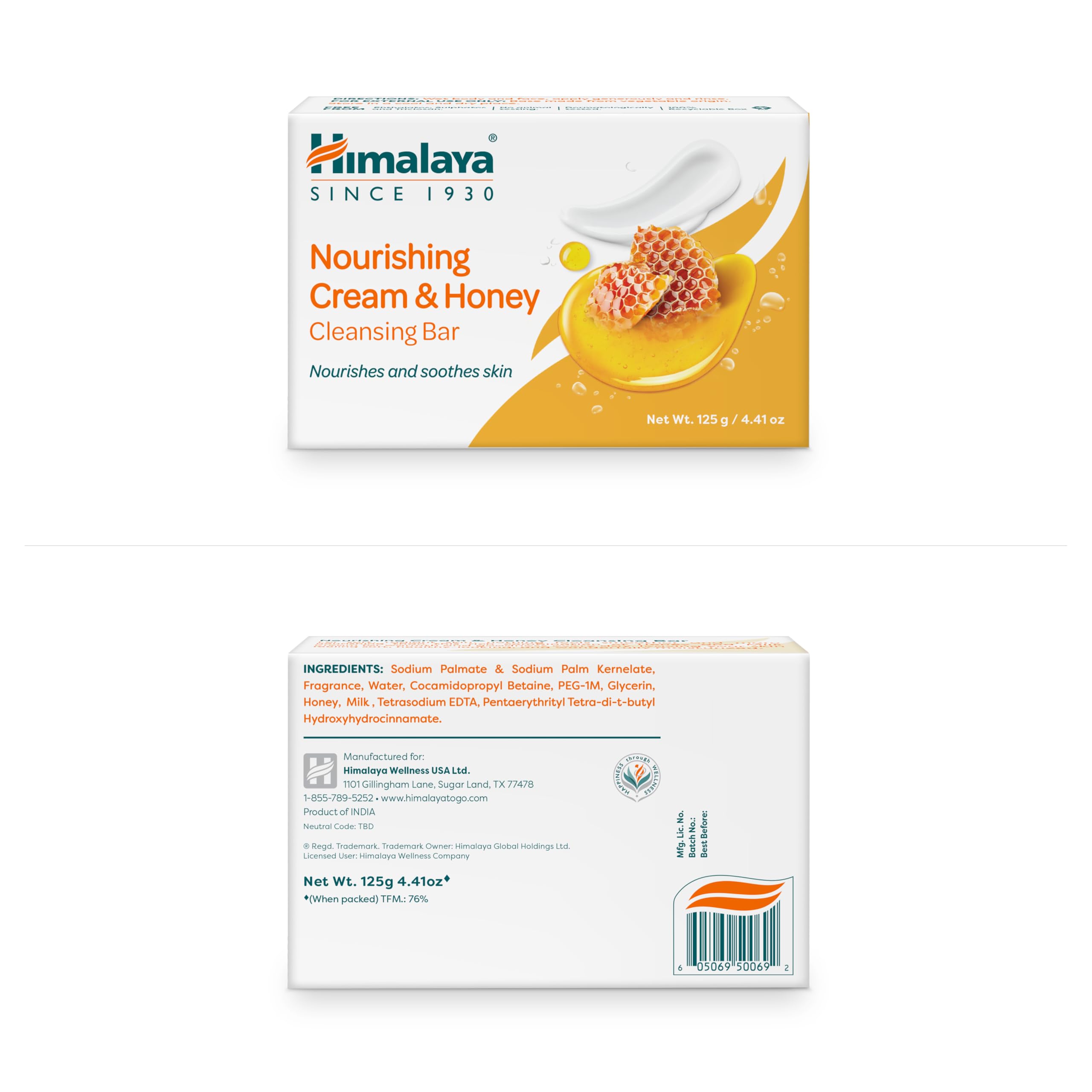 Himalaya Nourishing Cream & Honey Cleansing Bar soap bars display highlighting premium natural ingredients.