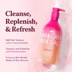 HIMALAYA PINKSALT bottle in shower setup emphasizing quick cleansing and exfoliation.