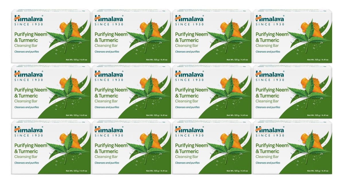 Himalaya purifying neem turmeric cleansing bar packaging highlights cruelty-free formulation.