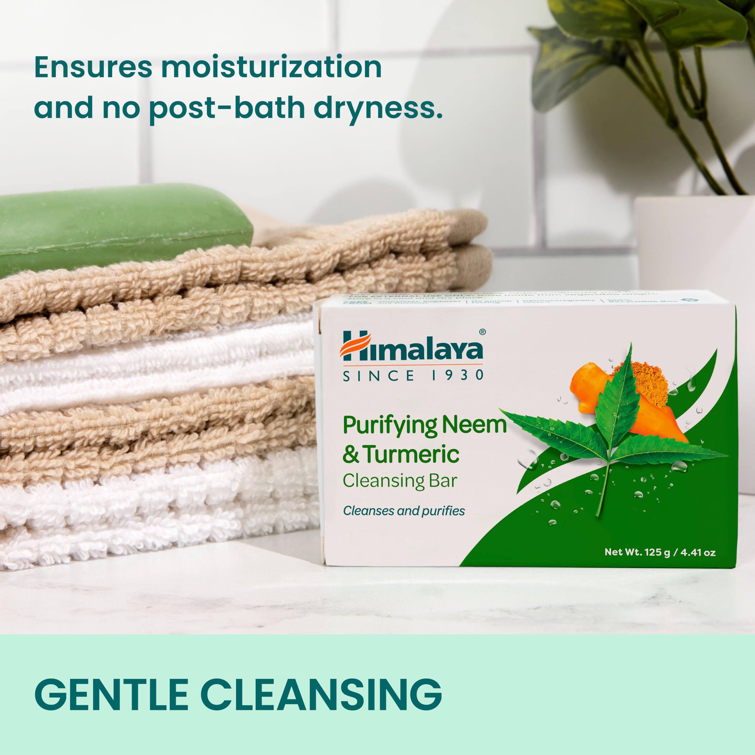 Himalaya purifying neem turmeric cleansing bar soothing skin during routine showers.
