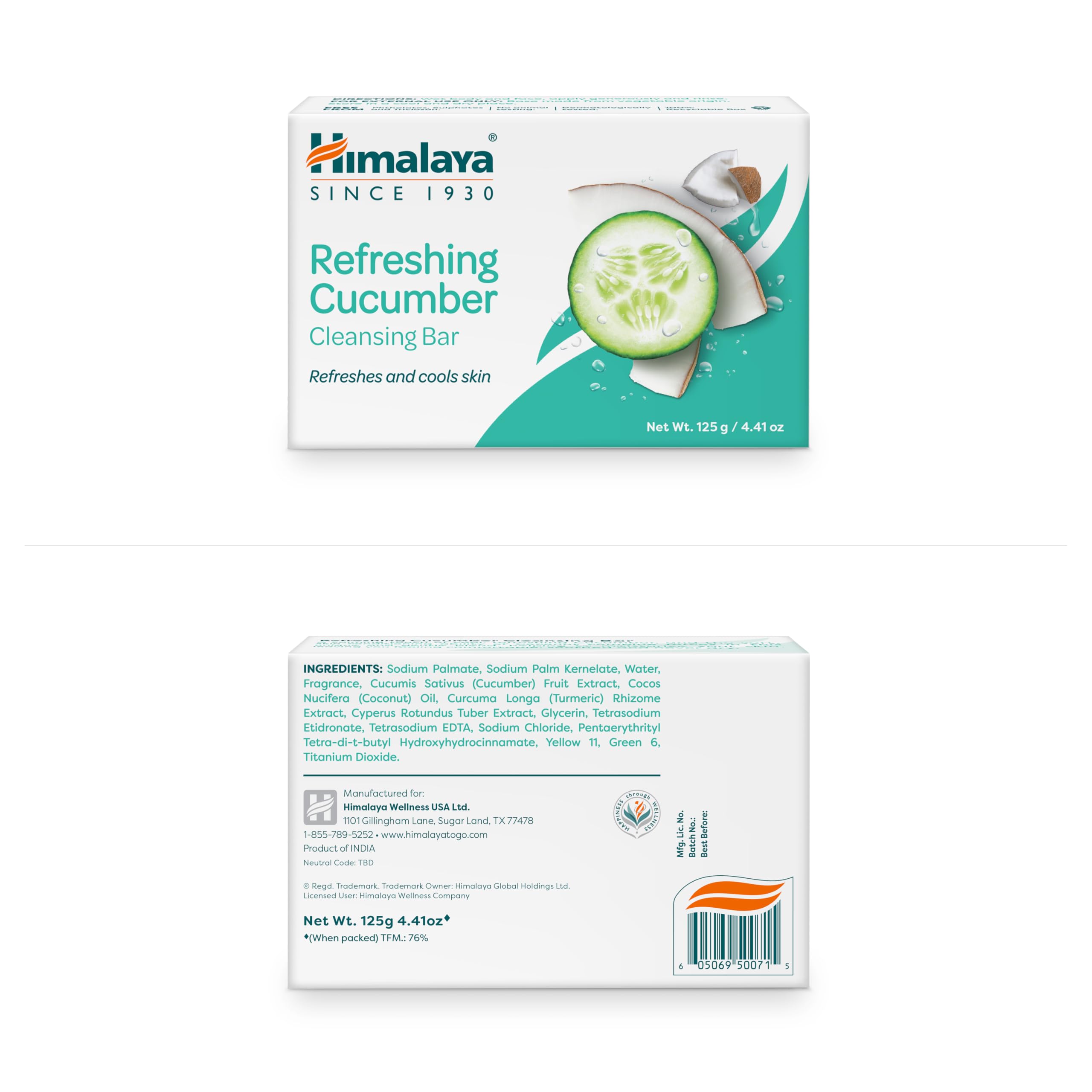 Himalaya refreshing cucumber cleansing bar ingredients closeup shows cucumber and coconut oil for moisture.