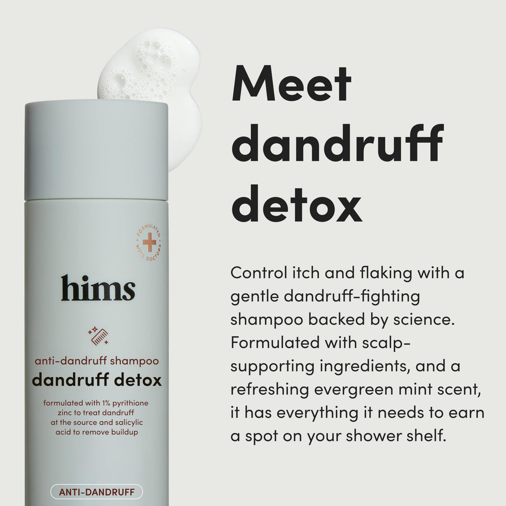 Hims Dandruff Detox 1% pyrithione zinc close-up targets flakes