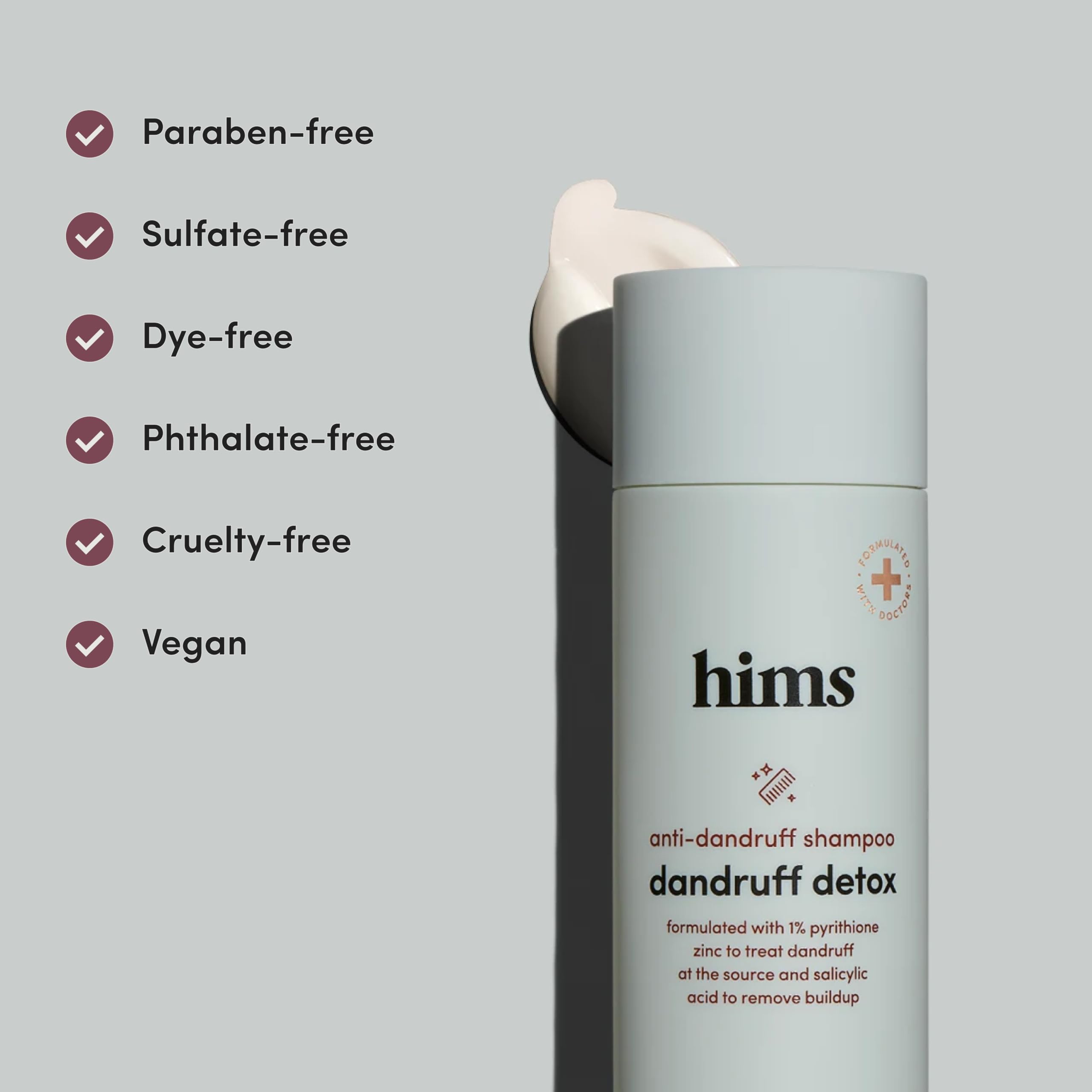 Hims Dandruff Detox bottle on bathroom shelf for daily routine