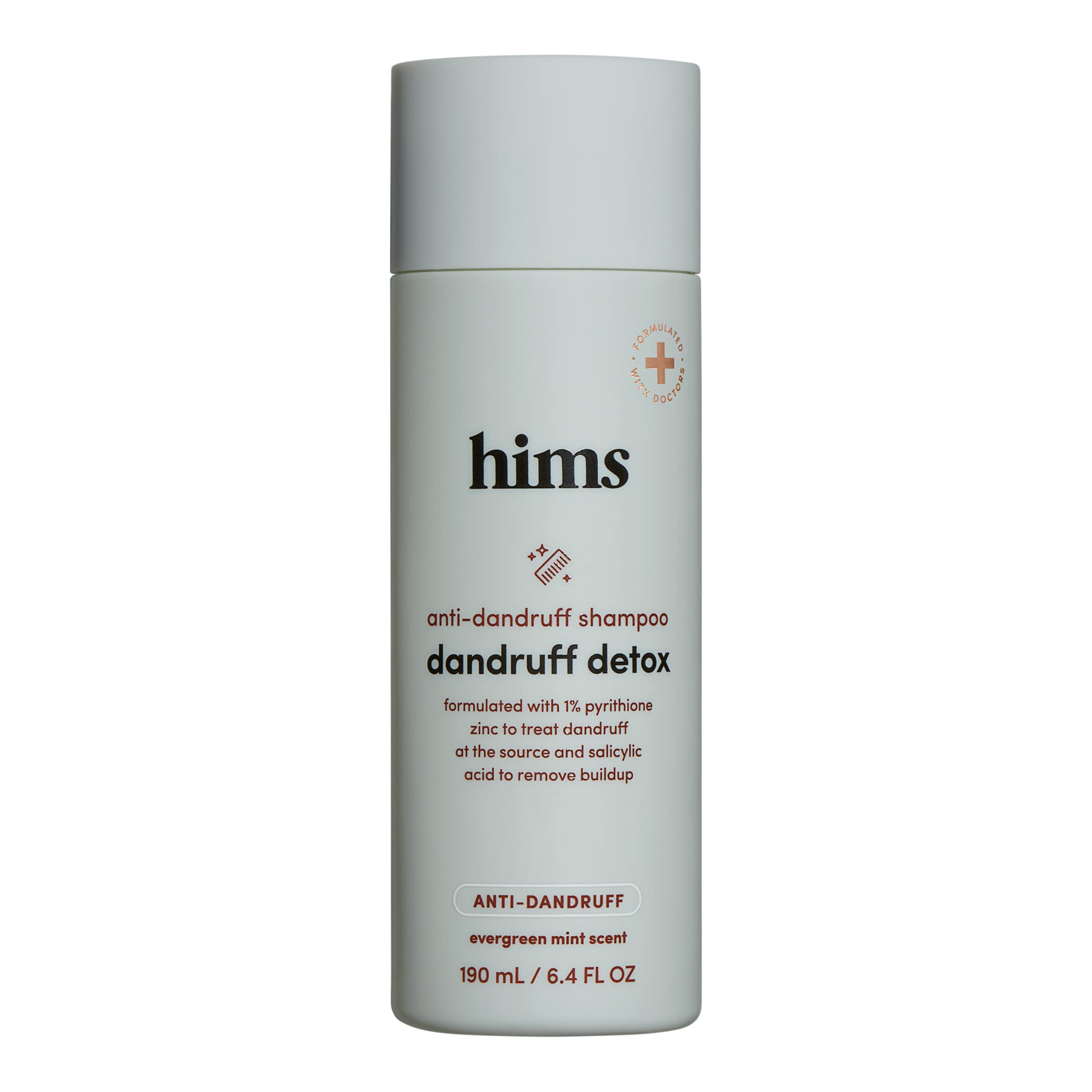 Hims Dandruff Detox evergreen mint bottle on shelf refreshing scalp care