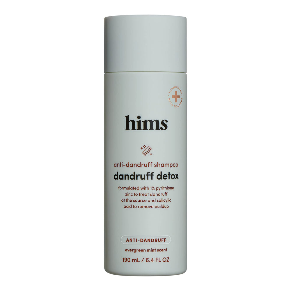 Hims Dandruff Detox evergreen mint bottle on shelf refreshing scalp care