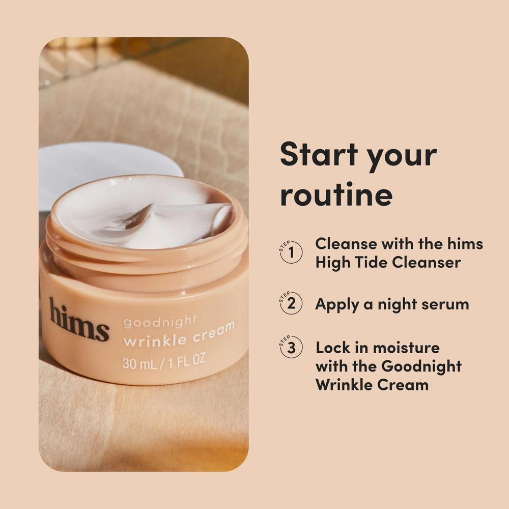 hims Goodnight Wrinkle Cream bathroom scene frames daily moisturizing habit