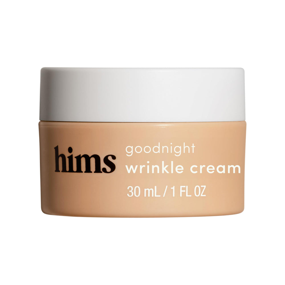 hims Goodnight Wrinkle Cream tube closeup illustrating smooth overnight hydration