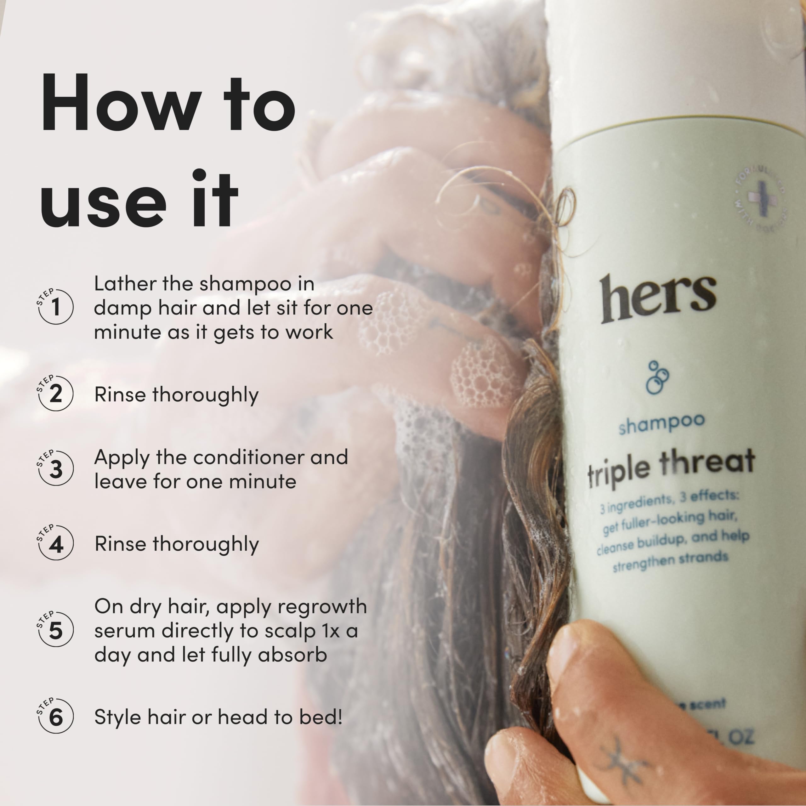 Hims & Hers color-safe hair thickening shampoo surface for cleansing and volume.