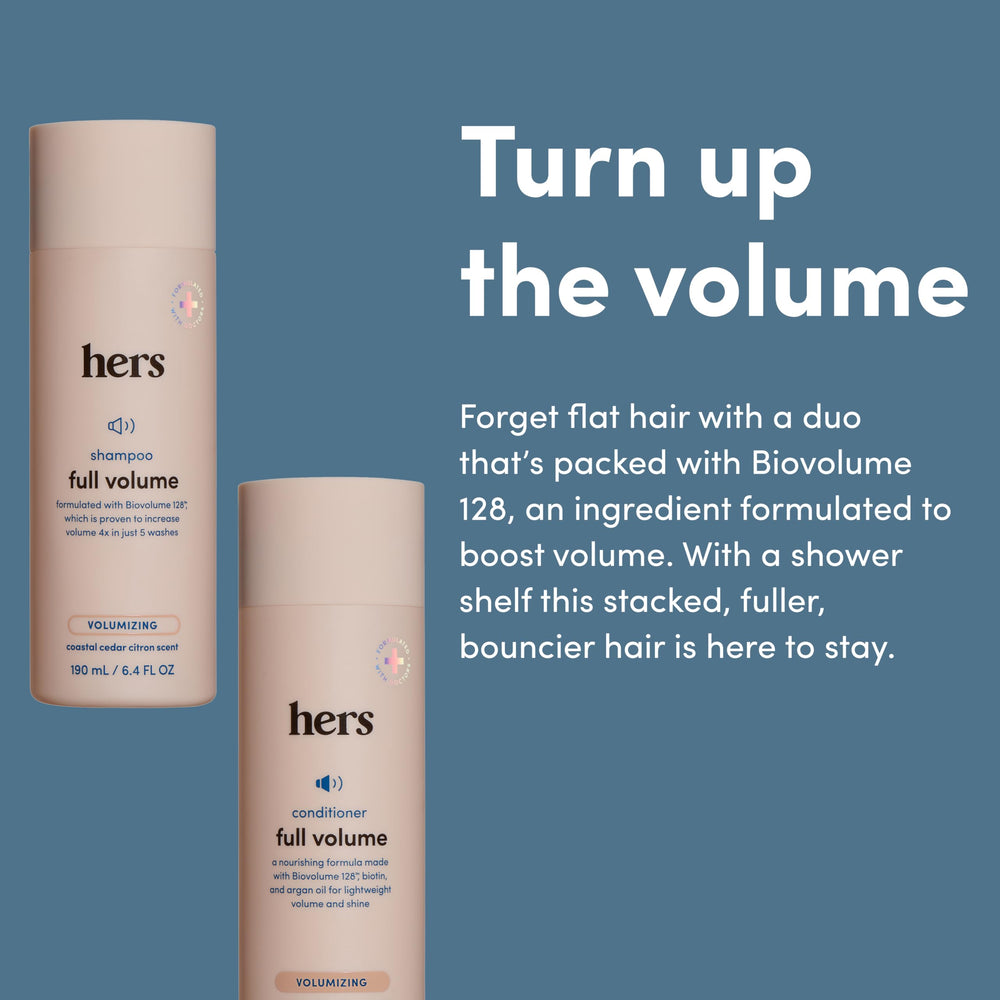 HIMS & HERS Full Volume Conditioner bottle highlights detangling and shine